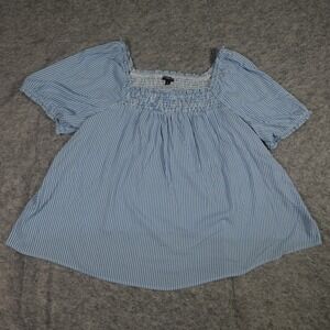 Torrid Top Womens 4X Blue White Striped Smocked Peasant Top Square Neck
